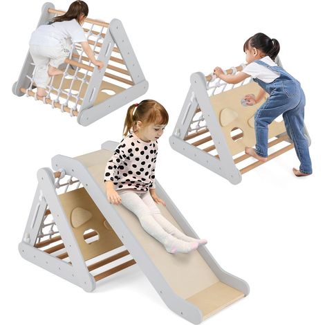 COSTWAY 3 en 1 Triángulo de Escalada para Niños, Escalador Triangular con Tablero Deslizante, Juego de Escalada de Madera para Interior con Red de Escalada (1/5)