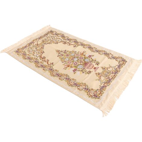 Tapis de prière élégant à broderie fine, double couche avec franges décoratives, polyvalent pour salon, maison et camping, beige, moelleux et antidérapant (1/5)