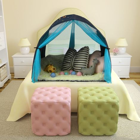 Tente de Lit Enfants Tente de Rêve Portable avec Double Rideau en Maille Sac de Transport 144 x 102 x 82 CM Bleu Maison Chic (1/5)