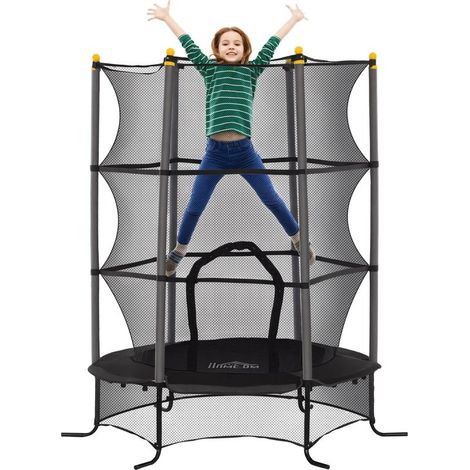 Trampoline Enfant Ø 1,63 × 1,9H m Filet de sécurité Porte zipée Couvre-Ressorts 6 poteaux rembourrés Inclus Noir (1/5)