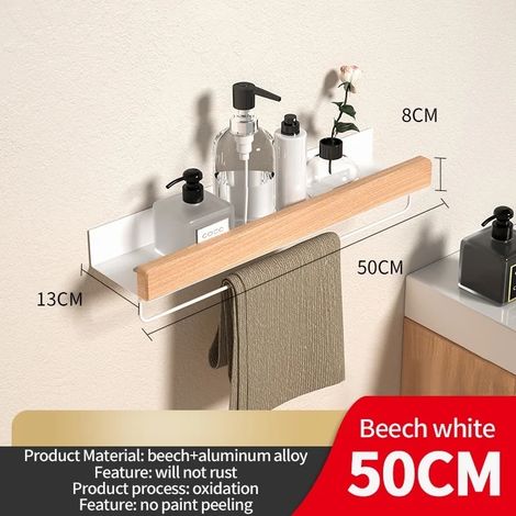 Étagère d'angle en bois et aluminium (poteau blanc de 50 cm) pour ranger le shampoing, le gel douche et organiser la salle de bain. Accessoires de salle de bain. (1/5)