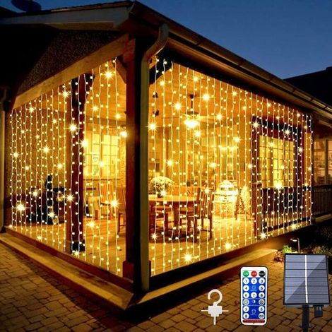 Rideau lumineux solaire d'extérieur, 3 x 2 m, 200 LED, rideau lumineux avec 8 modes de télécommande, guirlande lumineuse solaire étanche en cascade (1/4)