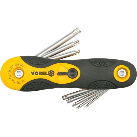 Vorel 56507, juego de 8 llaves Torx duraderas, ideales para apretar y aflojar tornillos Torx, diseño ergonómico y eficiente.