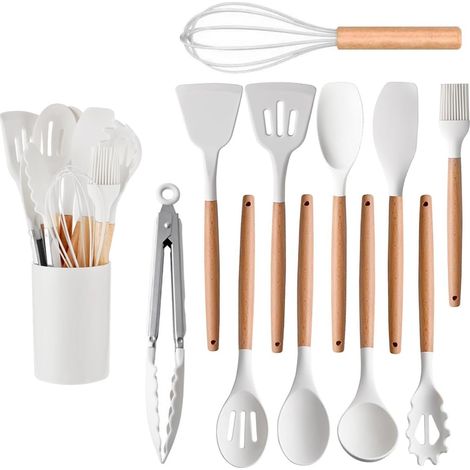 ustensiles de cuisine en silicone et poignées en bois, résistant à la chaleur, antiadhésif et facile à nettoyer, spatule en silicone, passe au lave-vaisselle (blanc) (1/5)