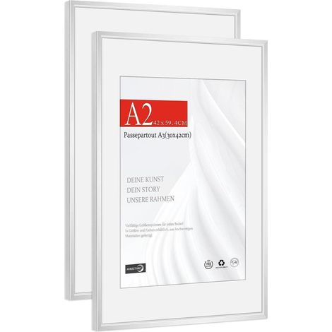 Bilderrahmen A2 42x59,4cm Aluminium Silber mit Passepartout A3, bruchsicherem Kunstglas (1/5)