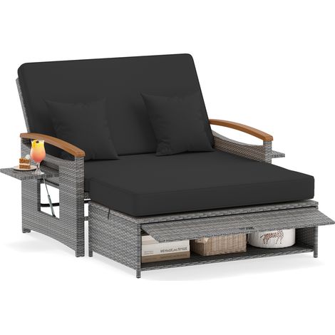 Canapé à 2 Places en Rotin avec Ottoman de Rangement et Coussins, Charge 360KG, Plateau Latéral Pliant, Dossier Réglable 4 Positions, Noir(Style C) (1/5)