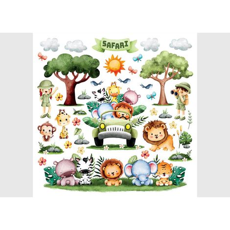 Stickers Animaux dans une voiture avec 2 arbres - 1 planche 30x30 cm (1/5)