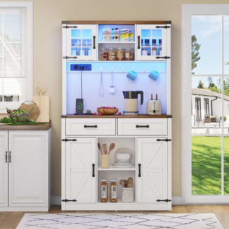 Buffet 100x40x172 cm, avec éclairage LED et prises, meuble de cuisine avec 2 grands tiroirs, design portes de grange, étagères ajustables, meuble de style café rustique - Blanc