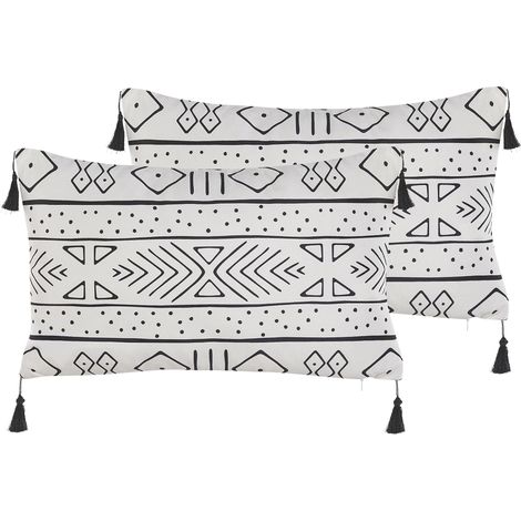 Set of 2 Decorative Cushions SCHEFFLERA Velvet 30 x 50 cm White Geometric Pattern (1/5)