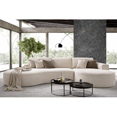 Ecksofa MOLLY mit abgerundeter Form in Creme Beige Grau  Velour Stoff  - trendige abgerundete Form (mit Schlaffunktion) Liegefläche: 140x207 cm (1/5)