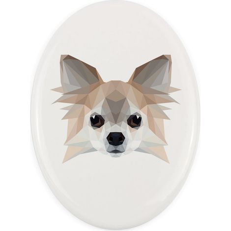 Chihuahua de pelo largo: un plato con una foto y una inscripción geométrica de Art-Dog. (1/4)