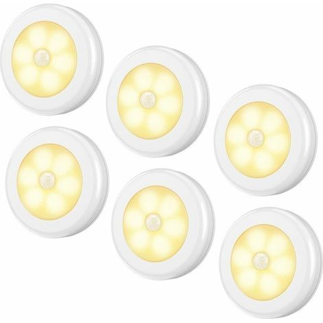 Lampes à détecteur de mouvement améliorées 6 pièces, veilleuse LED sans fil alimentée par batterie, lampe de placard à coller n'importe où, lumière d'escalier, blanc chaud (1/5)