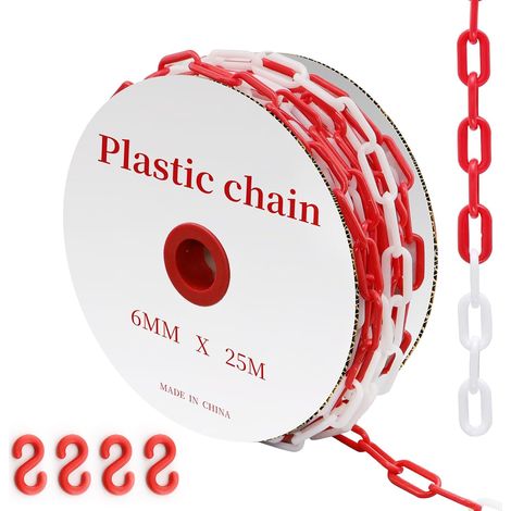Chaîne Plastique Rouge et Blanche 25m, 6mm Chaine de Barrage Avec 4 Crochets en S, Chaine de Signalisation Pour Chantiers, Parkings et Lieux d’événements (1/5)