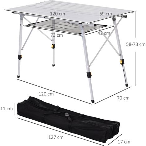 Table de pique-nique pliante, table pliable, table de camping réglable en hauteur, sac de transport inclus, aluminium, argent, 120 x 69 x 59-78 cm