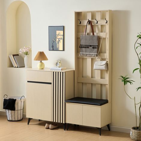 Vestidor de entrada moderno con banco, perchero y aparador, almacenamiento modular, MDF acabado madera clara (1/5)