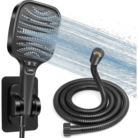 Kit Douche Haute Pression, Pommeau de Douche Anti-Calcaire 120mm 8 Modes + Tuyau 1.5m Inox + Support Sans Perçage, Douchette Économie d'Eau, Compatible Salle de Bain(Noir) (1/5)