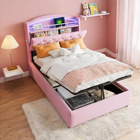 Cadre de lit coloris rose en tissu 221 x 94,4 x 109 cm (1/5)