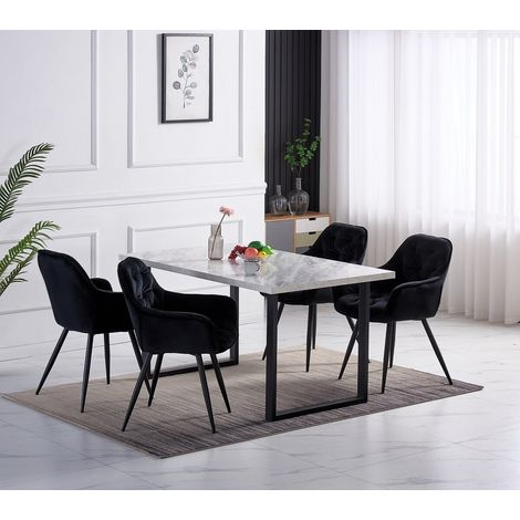 AINPECCA 1.5M White Dining Table and Velvet Chairs 4 Set Padded Chairs Home Kitchen(1 TABLE+4 BLACK CHAIRS)
