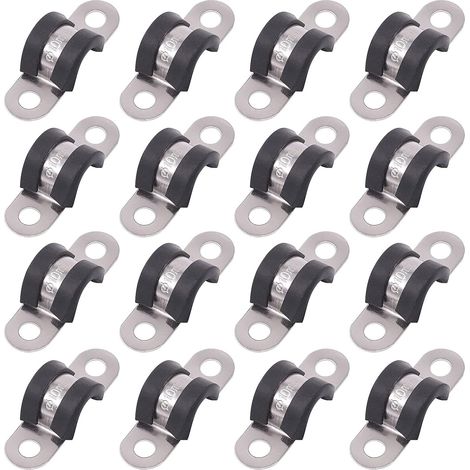 16pcs 10mm 2 Hole 304 Stainless Steel U Clamp with Hard Rubber Cushion for Pipe Tube Fixing (10mm) (1/5)
