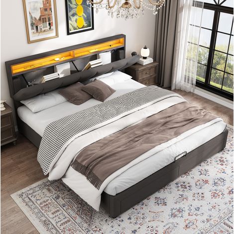 Base de cama 160x200 cm de lino gris con LED y almacenaje, para dormitorio, sin colchón – MEUBLIV (1/5)