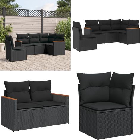 Salon de jardin 5 pcs avec coussins noir résine tressée - Salon De Jardin - Mobilier De Jardin - Résine Tressée - Salon Extérieur - Set De Canapés - Home & Living (1/5)