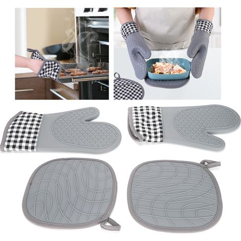 Gants en coton et silicone avec coussinets isolants thermiques, gants de cuisine et maniques pour la cuisson au four. (1/5)