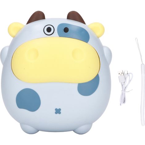 Wiederaufladbarer USB-Handwärmer mit 2 Heizstufen, Kuhform im Cartoon-Stil und blauem Nachtlicht. (1/5)