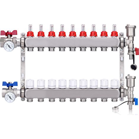 Kit Collecteur Radiateur, 9 Circuits Distributeur Chauffage, avec Thermomètreavec, Vannes à Boisseau Sphérique 1", avec Purgeur Manuel et Débitmètre, Raccords pour Eurocône 3/4, Distributeur HKV