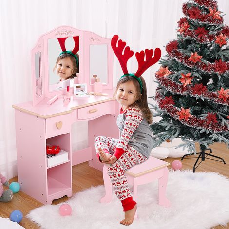 Coiffeuse enfant princesse avec miroir et tabouret – Table de maquillage en bois avec 3 tiroirs et étagères – Meuble de rangement pour fillette 3-9 ans – Couleur rose (1/5)