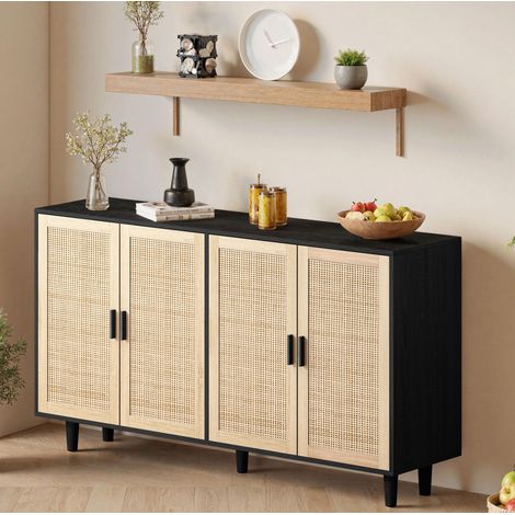 Armoire de rangement en panneaux de particules noir, 4 portes en rotin, 158 x 40 x 88 cm, 1 tablette réglable (1/5)