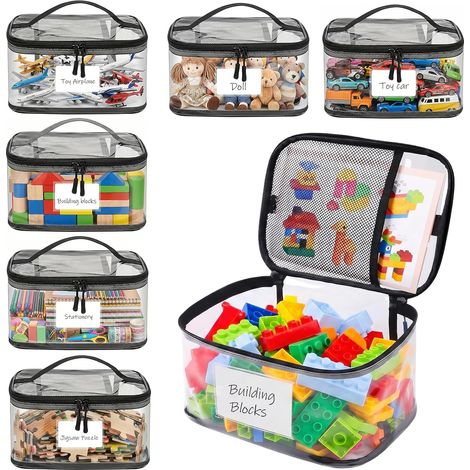 Lot de 6 Pochettes de Rangement PVC pour Jouets, Boite Rangement Lego avec Fermeture Éclair, Poignées et Étiquettes Nominatives, Sacs à Jouets pour Enfants, Puzzles, Blocs de Construction (1/5)