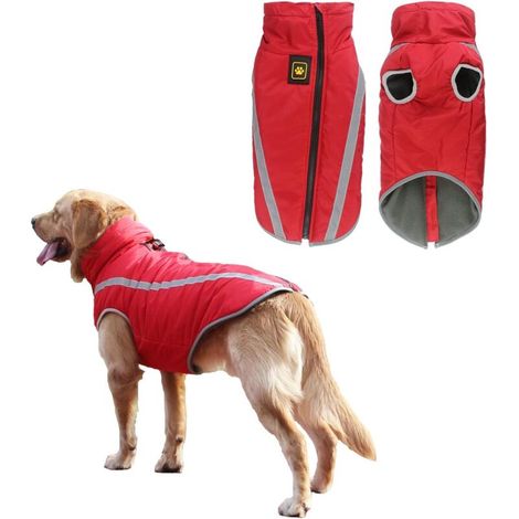 Roter wasserdichter Hundemantel, warme Winterjacke, Windjacke für Welpen, reflektierende Weste, geeignet für kleine, mittelgroße und große Hunde – Fleecefutter mit Löchern für das Geschirr, (2XL)