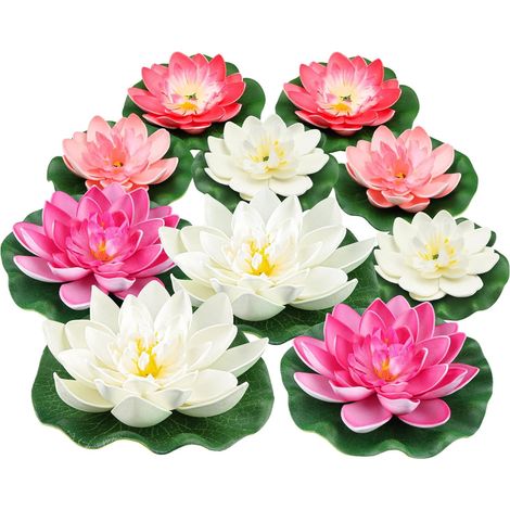 Lot de 10 pièces, 3 tailles de fleurs de lotus flottantes artificielles en mousse avec ornements de nénuphar pour la décoration de jardin, de bassin, de piscine, rose et blanc (1/5)