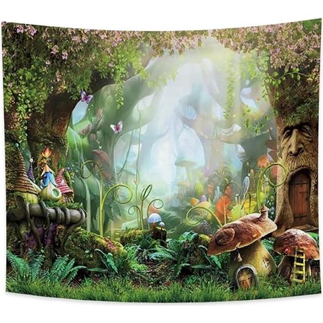 150 x 130 cm großer Wandteppich mit Pilzwaldmotiv, Elfenchalet, psychedelischem Cartoon-Stil, Blumen, Zauberwald, Frühlingsszene (1/5)