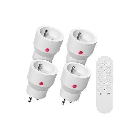 Lot de 4 Mini Prises Programmable Telecommande sans Fil, 80M de Distance de Contrôle Dans la Zone Ouverte, Puissance dissipée faible, 2300W, 10A, 1 piles CR2032, Blanc (1/5)