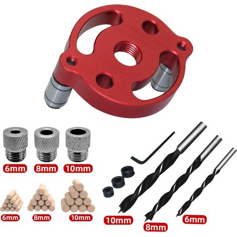 Guide de perçage vertical 3–10 mm – Outils pour le travail du bois (positionneur + douille de perçage à trois trous + foret à trois trous + cheville ronde) (1/4)