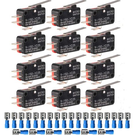 12pcs 125V/250V 15A Micro interrupteur de limite miniature SPDT Snap Action Charnière Type de levier et terminaux de 24pcs, V-152-1C25