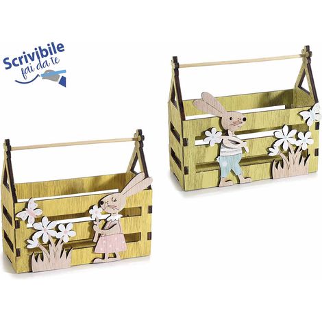 Cestini pasquali in legno colorato con fiori e conigli, set da 4 pezzi, cm15x7x7,5H (con manico13)