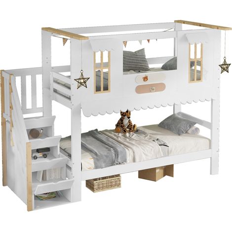 Lit superposé enfant 90x200 cm avec escalier de rangement, fenêtres décoratives, toit ondulé et 4 colis, structure bois, MDF et contreplaqué CHICFURN (1/5)