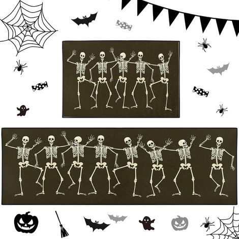 Ensemble de 2 tapis de cuisine Halloween - Antidérapant et lavable  Tapis de couloir à motif squelette amusant, tapis de sol en forme de crâne, tapis d'évier pour la cuisine (1/5)