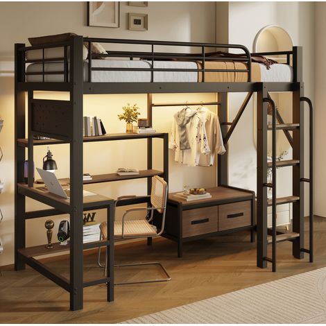 Hochbett 204x108x170.5 cm, mit Schreibtisch und Regalen, LED Lichtleiste, MDF und Metall, Schwarz (1/5)
