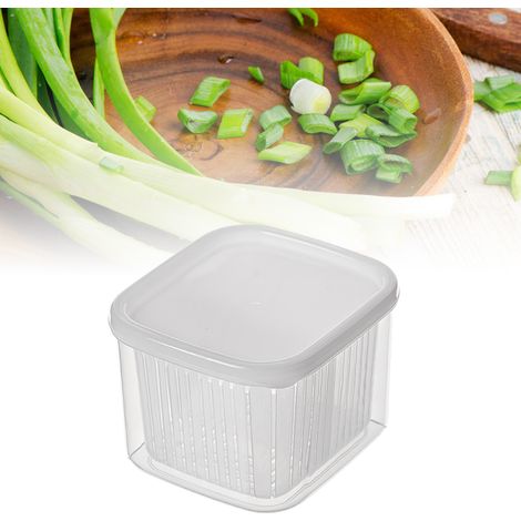 Boîte de rangement transparente à 2 compartiments pour fruits et légumes, idéale pour la cuisine. Parfaite pour les oignons, le gingembre et l'ail. Convient également pour le réfrigérateur. (1/5)