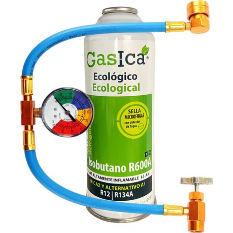 Kit Gasica D2 226g  Sustituto R134a R12  Manguera con Manómetro Automoción  Sella Fugas y Trazador  Gas Ecológico HC