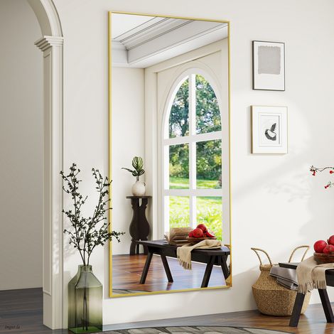 Koonmi – Miroir sur pied 180x76 cm – Cadre aluminium – Miroir mural moderne à poser ou suspendre – Design minimaliste doré