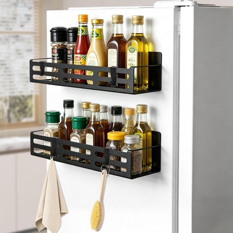 Aimant pour étagère de réfrigérateur Charge maximale 3 kg, organiseur magnétique pour réfrigérateur avec 4 crochets mobiles, étagère magnétique pour réfrigérateur pour épices, verres - Noir (1/5)