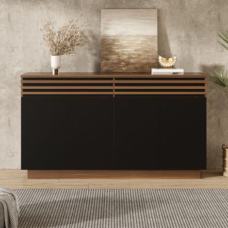 Credenza in MDF nero e marrone effetto legno 150 x 40 x 85 cm, 2 cassetti, 4 ante, ripiani regolabili