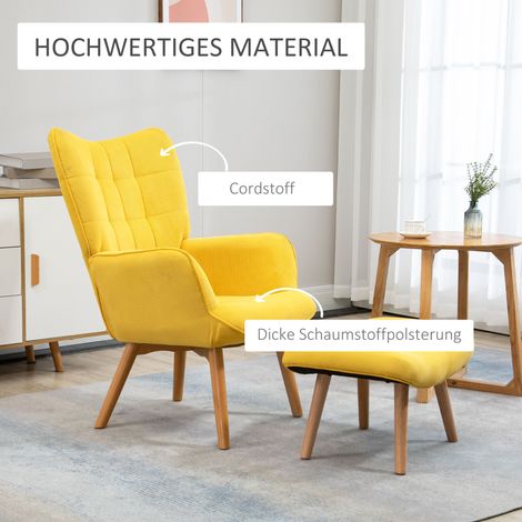 REDOM Fauteuil de relaxation avec repose-pieds pieds en bois structure en métal tissu en velours côtelé jaune (1/5)