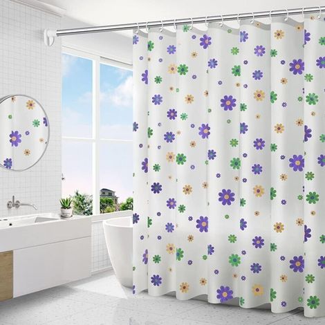 Rideau de Douche Imperméable Vert 180x200 cm Motif Floral Violette, AntiMoisissure, Avec 12 Anneaux Inclus (1/5)