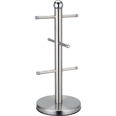 Portavasos con 6 barras, independiente, de acero inoxidable, para tazas de café, cocina, diseño de árbol redondo, color plata, organizador de tazas de café. (1/5)