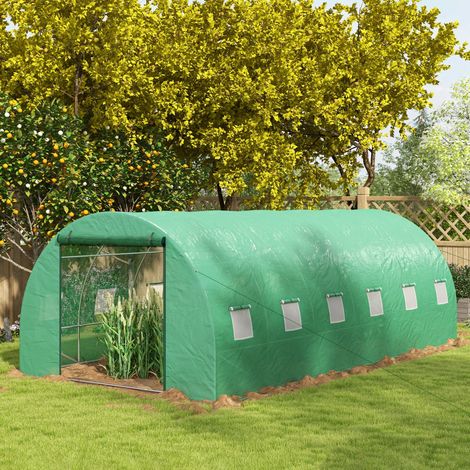 Serra a tunnel 6x3x2 m con sistema di irrigazione integrato, 12 finestre a rete e 1 porta avvolgibile verde.